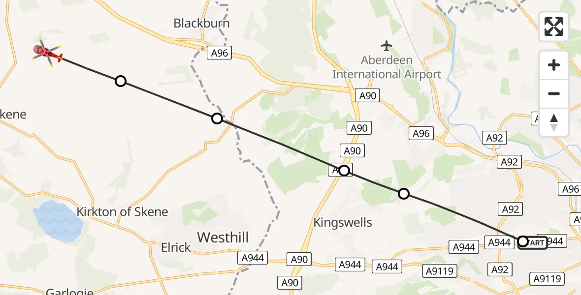 Flight path map showing Air Ambulance Helicopter route from Aberdeen Royal Infirmary Helistrip to Blackchambers