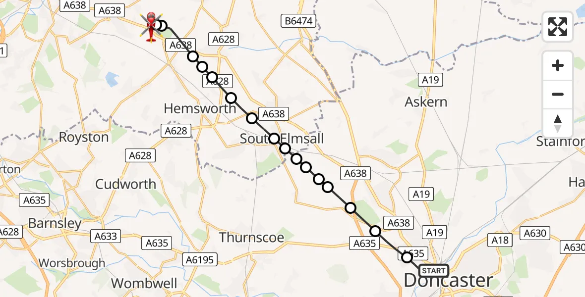 Flight path map showing Air Ambulance Helicopter route from Cusworth to YAA Nostell Helicopter Port
