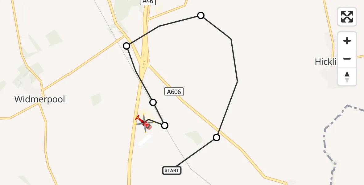 Flight path map showing Air Ambulance Helicopter route from Rushcliffe to Nottingham Heliport
