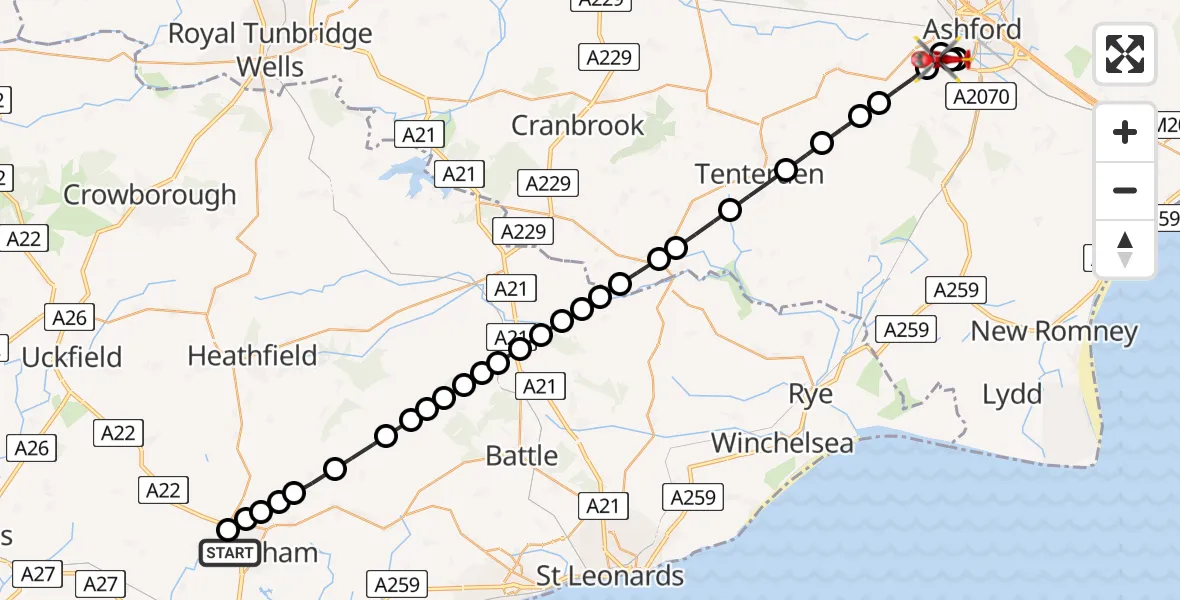 Flight path map showing Air Ambulance Helicopter route from Horsebridge to Great Chart