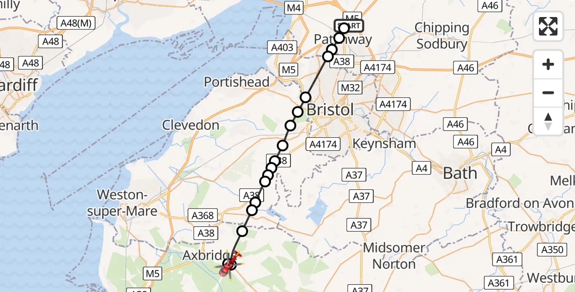 Flight path map showing Air Ambulance Helicopter route from Almondsbury Helicopter Base to Cheddar