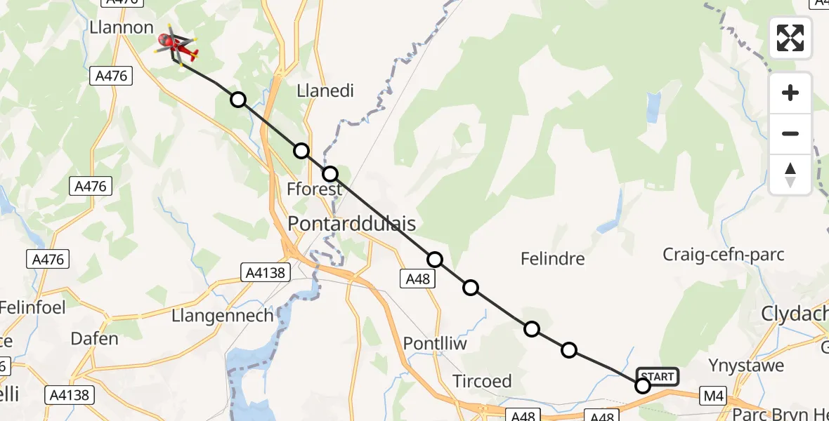 Flight path map showing Air Ambulance Helicopter route from Morriston Hospital Helipad to Llannon