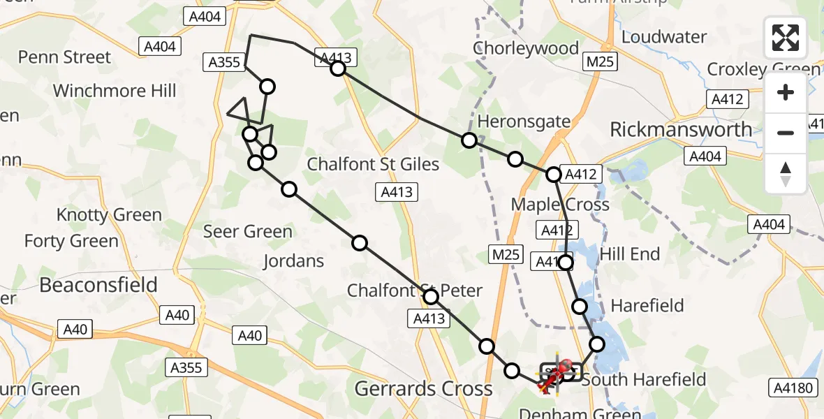 Flight path map showing Air Ambulance Helicopter route from Denham Aerodrome to Denham Aerodrome