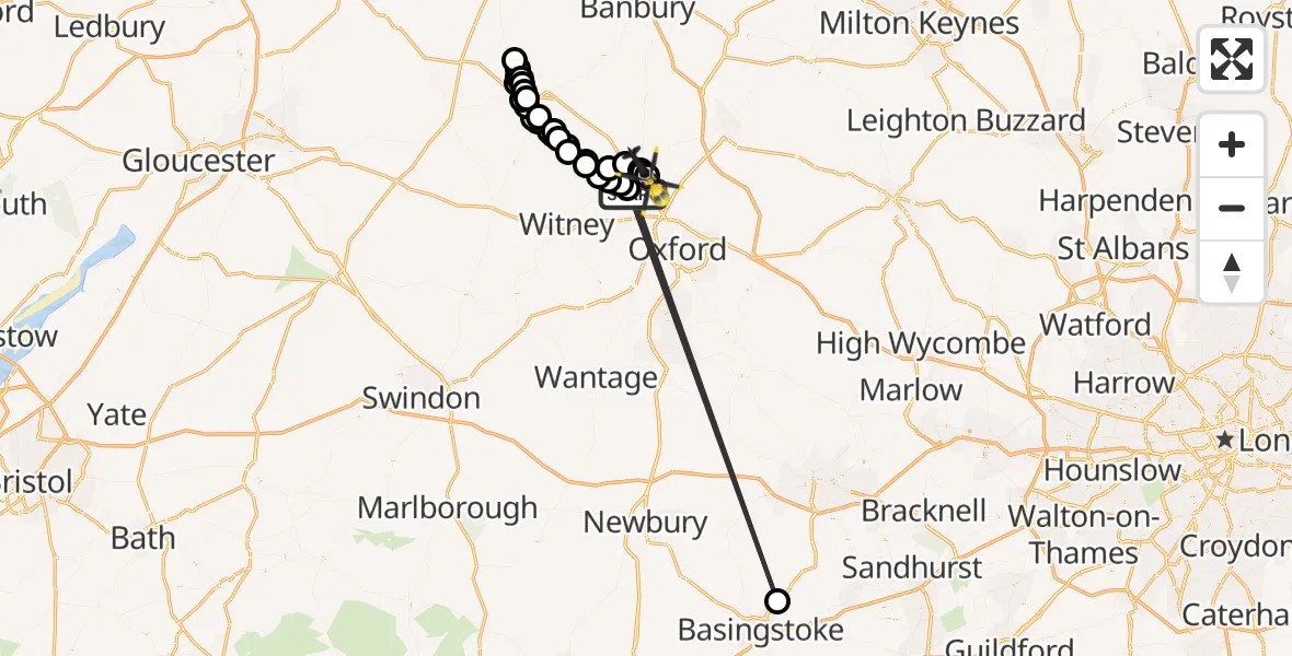 Flight path map showing Police Helicopter route from Bladon to London Oxford Airport
