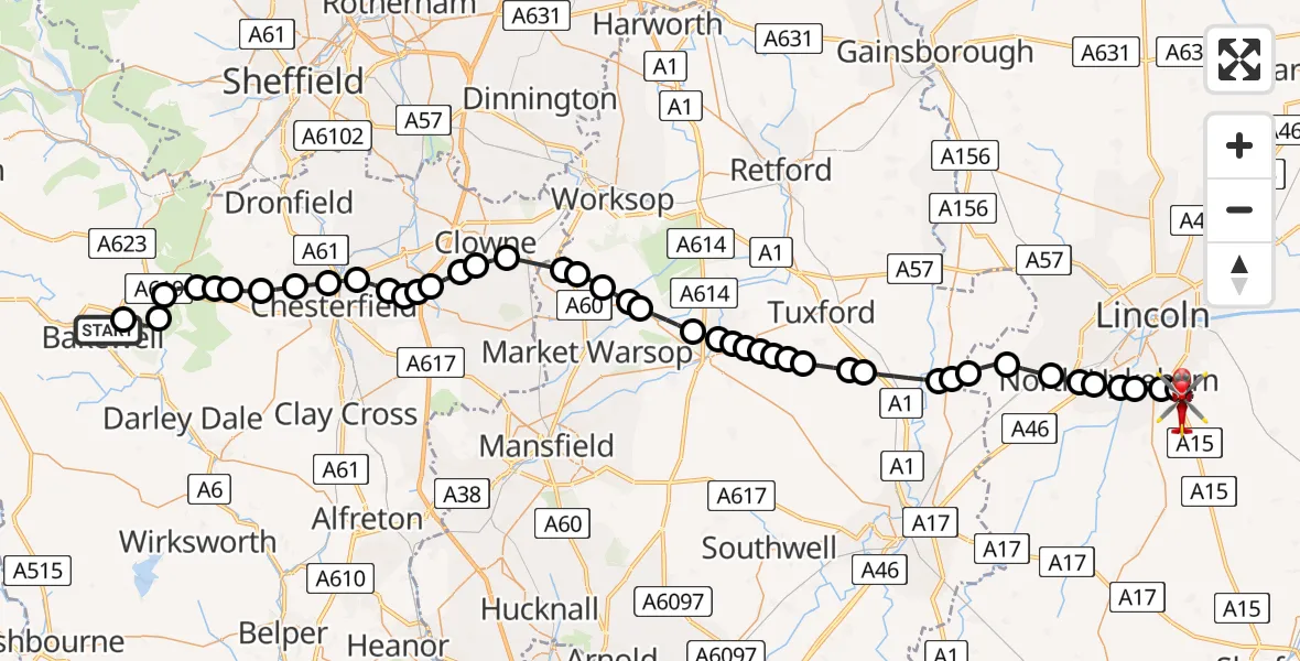 Flight path map showing Air Ambulance Helicopter route from Bakewell CP to North Kesteven