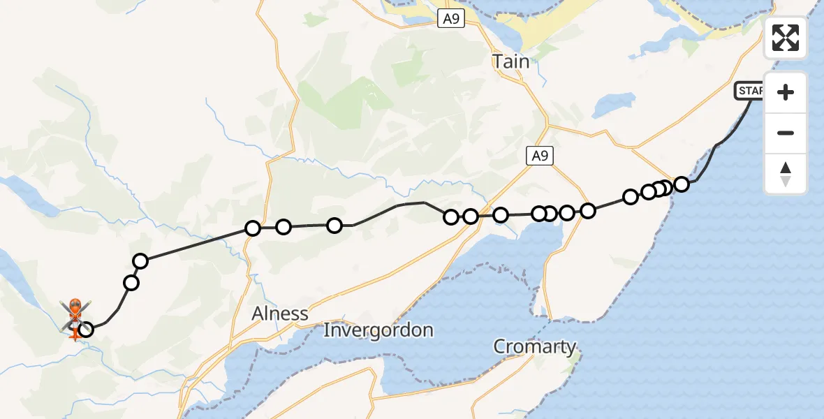 Routekaart van de vlucht: Coastguard Helicopter to Evanton, Hilton of Cadboll to Rockfield