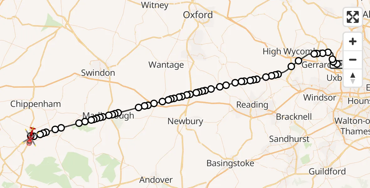 Flight path map showing Air Ambulance Helicopter route from Denham Aerodrome to Wiltshire Air Ambulance