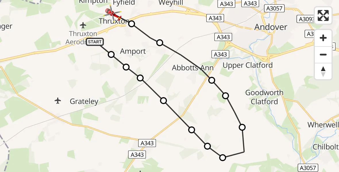 Flight path map showing Air Ambulance Helicopter route from Thruxton Aerodrome to Thruxton