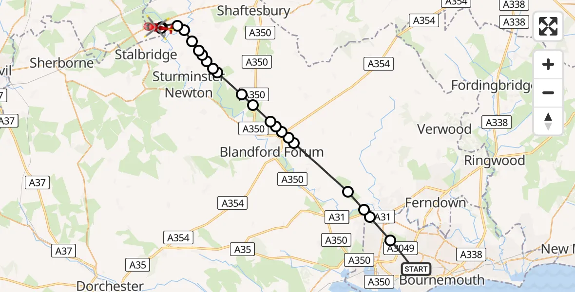 Flight path map showing Air Ambulance Helicopter route from Poole to Henstridge Airfield