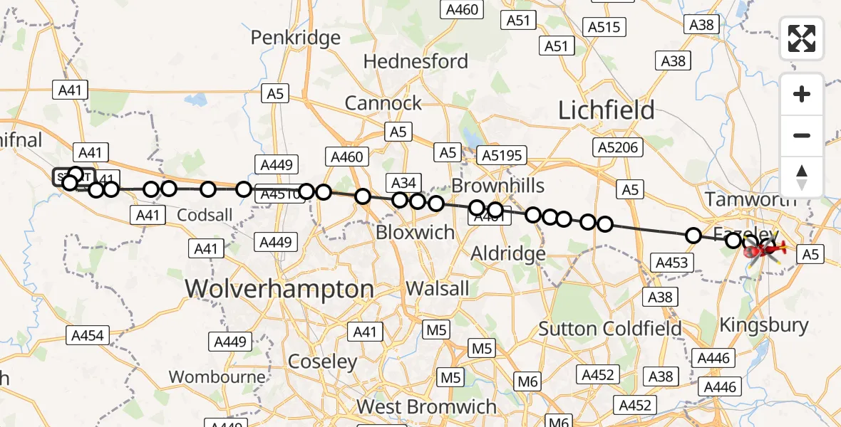 Flight path map showing Air Ambulance Helicopter route from RAF Cosford to Tamworth