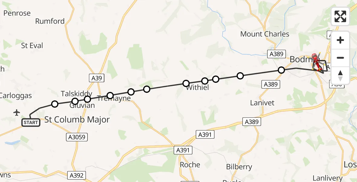 Flight path map showing Air Ambulance Helicopter route from Cornwall Airport Newquay to Bodmin
