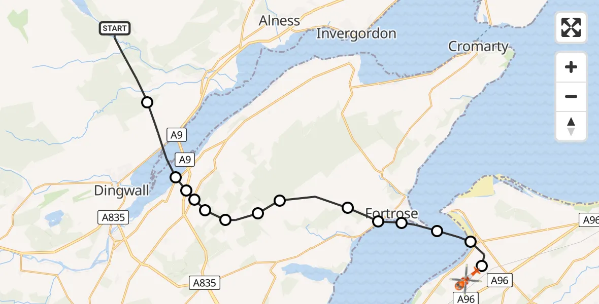 Flight path map showing Coastguard Helicopter route from Evanton to Inverness Airport