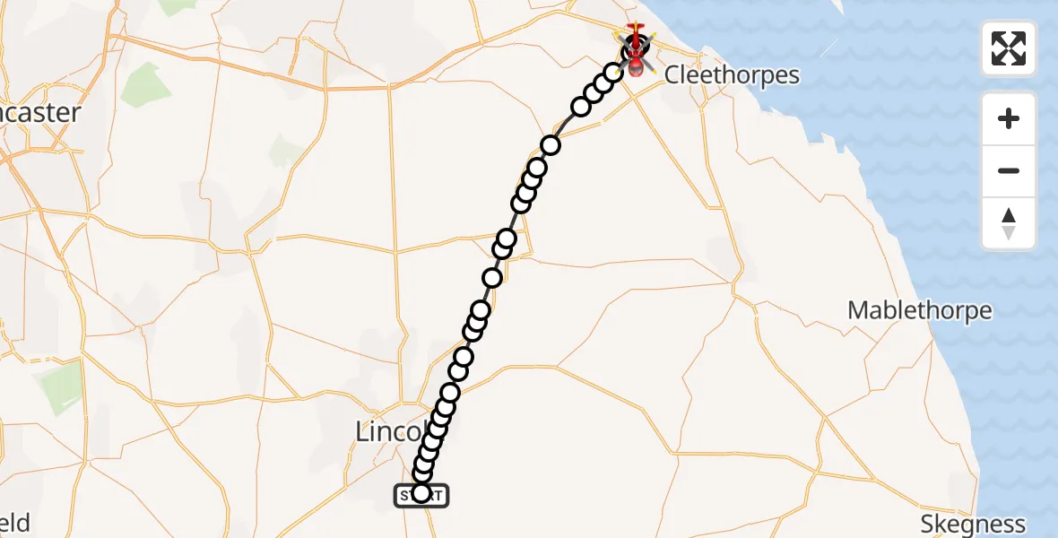 Flight path map showing Air Ambulance Helicopter route from RAF Waddington to Grimsby