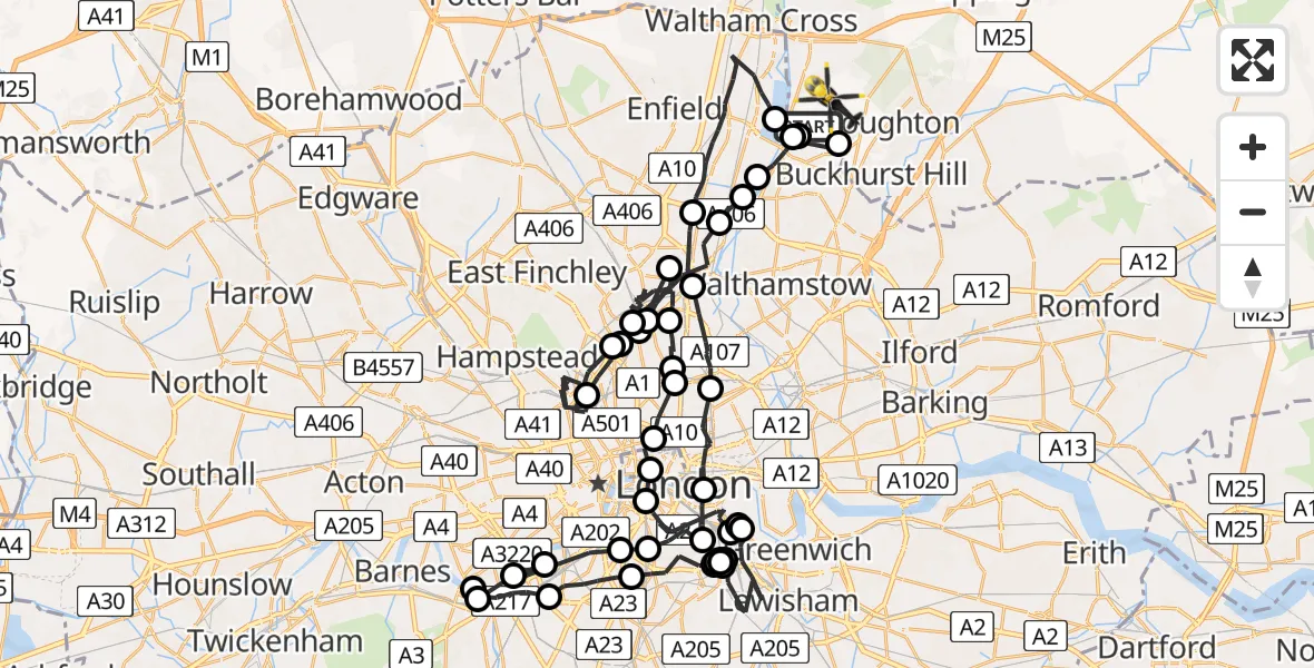 Flight path map showing Police Helicopter route from Sewardstonebury to Metropolitan Police Air Support Unit Lippitts Hill