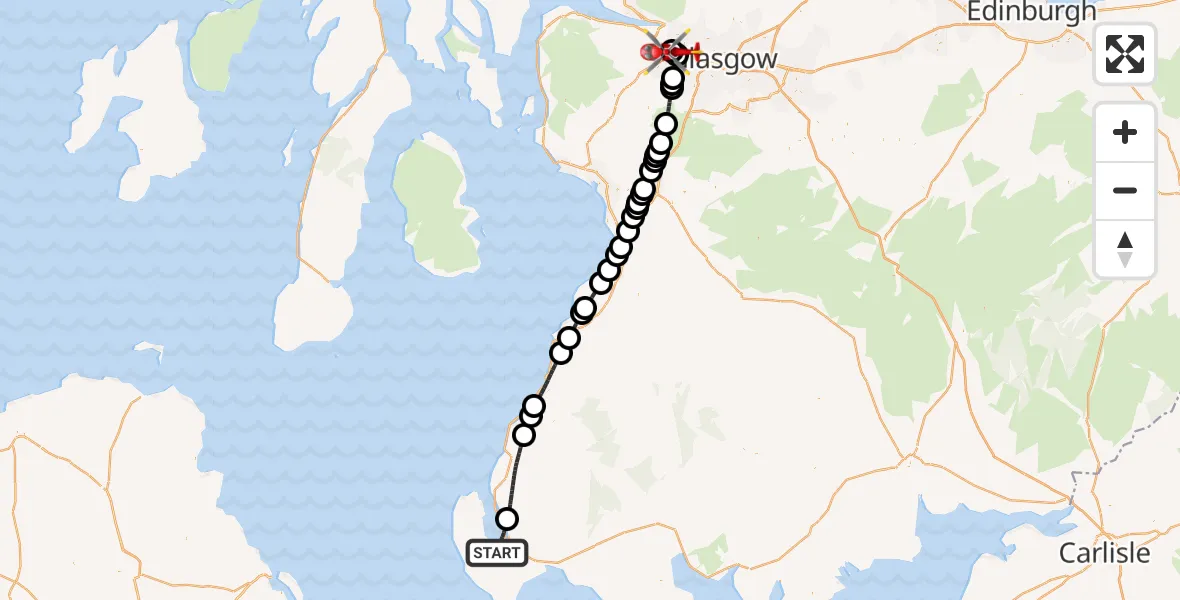 Flight path map showing Air Ambulance Helicopter route from Stranraer to Glasgow Airport