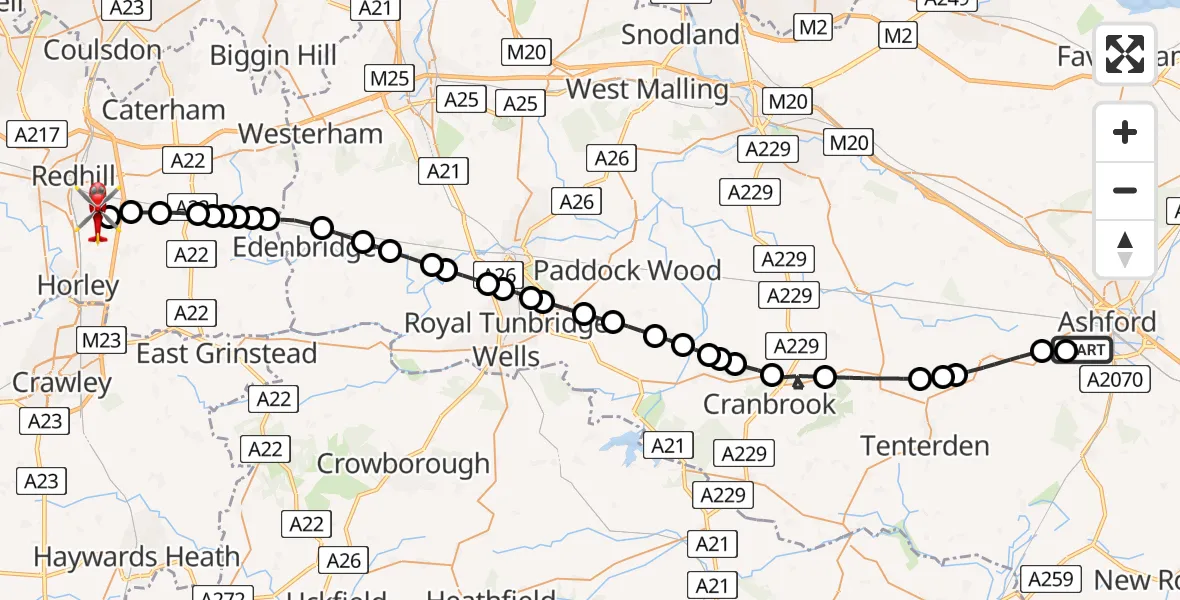 Flight path map showing Air Ambulance Helicopter route from Great Chart to Redhill Aerodrome