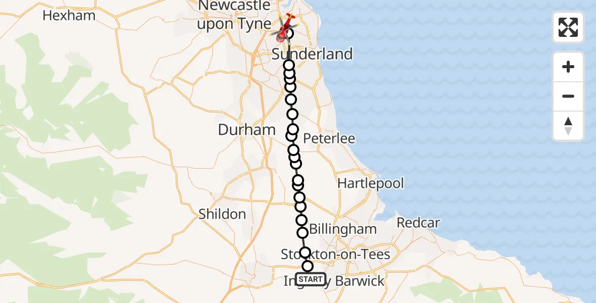 Flight path map showing Air Ambulance Helicopter route from Longnewton to West Boldon