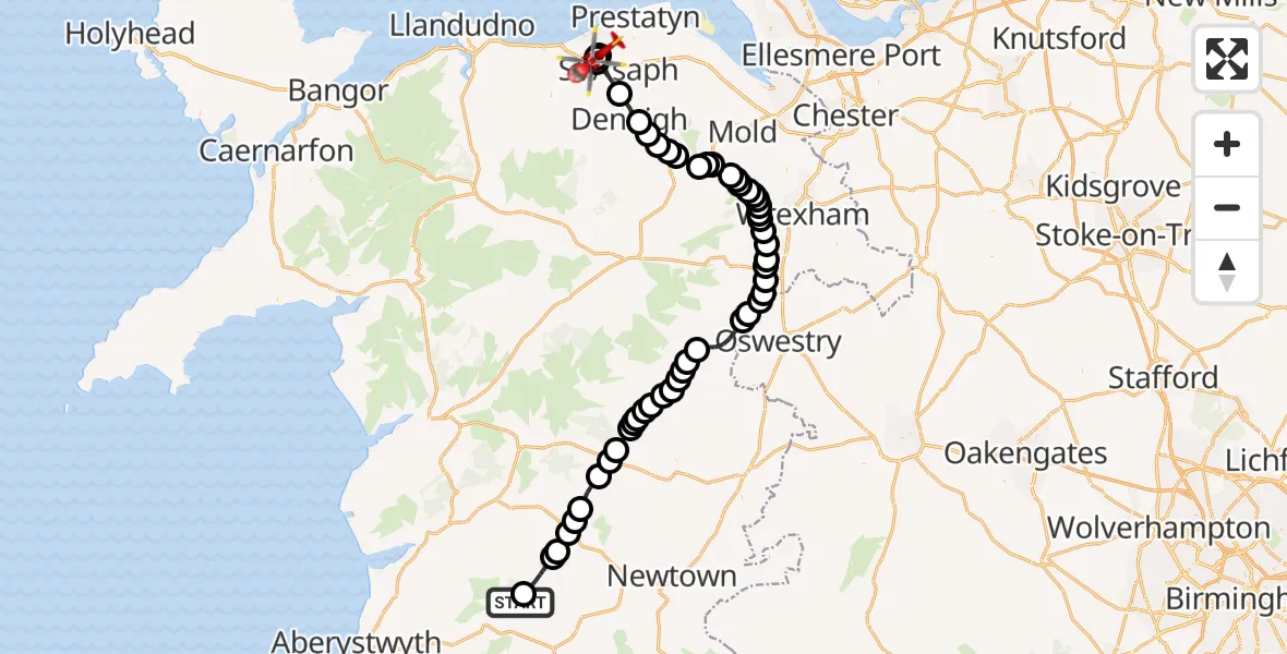 Flight path map showing Air Ambulance Helicopter route from Llanidloes Without to Rhyl