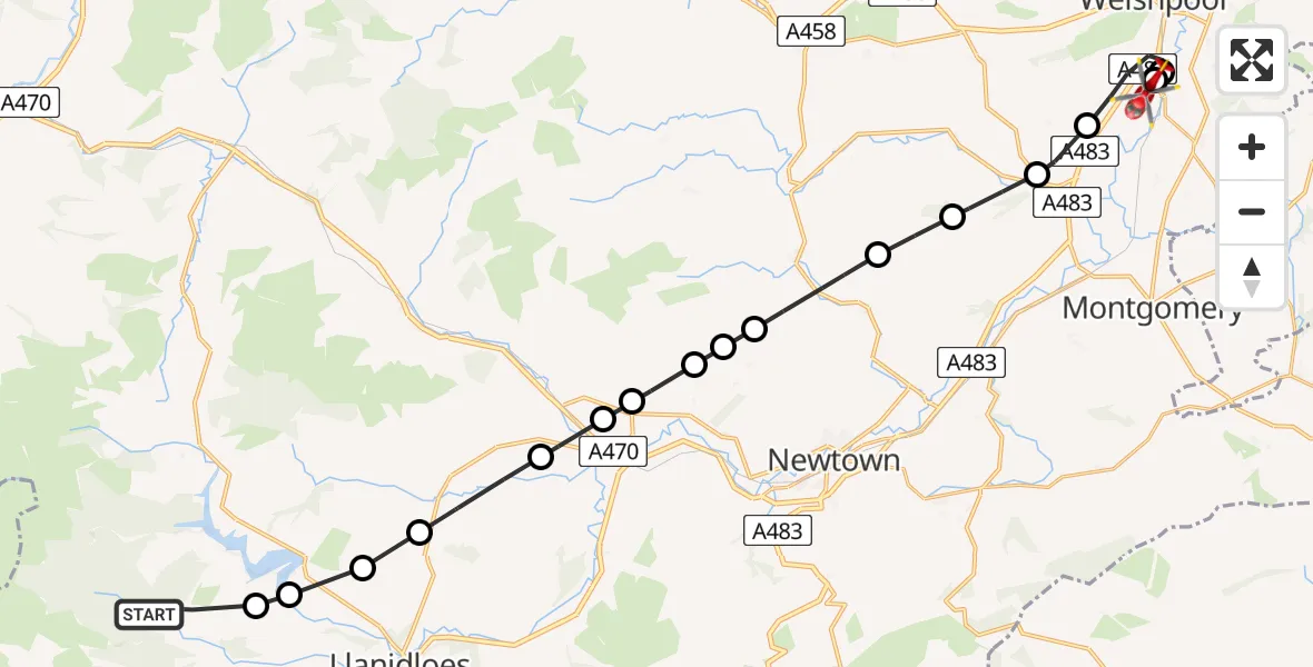 Routekaart van de vlucht: Air Ambulance Helicopter to Welshpool Airport
