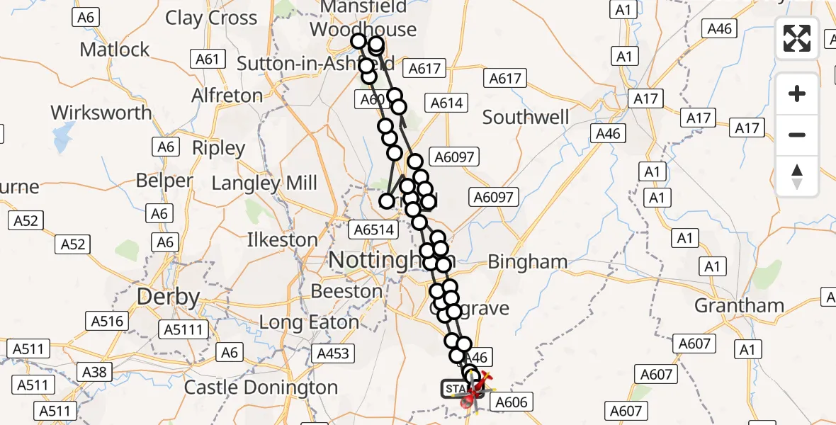 Flight path map showing Air Ambulance Helicopter route from Widmerpool to Nottingham Heliport