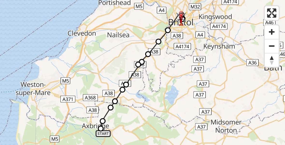Flight path map showing Air Ambulance Helicopter route from Cheddar to Bristol Royal Infirmary