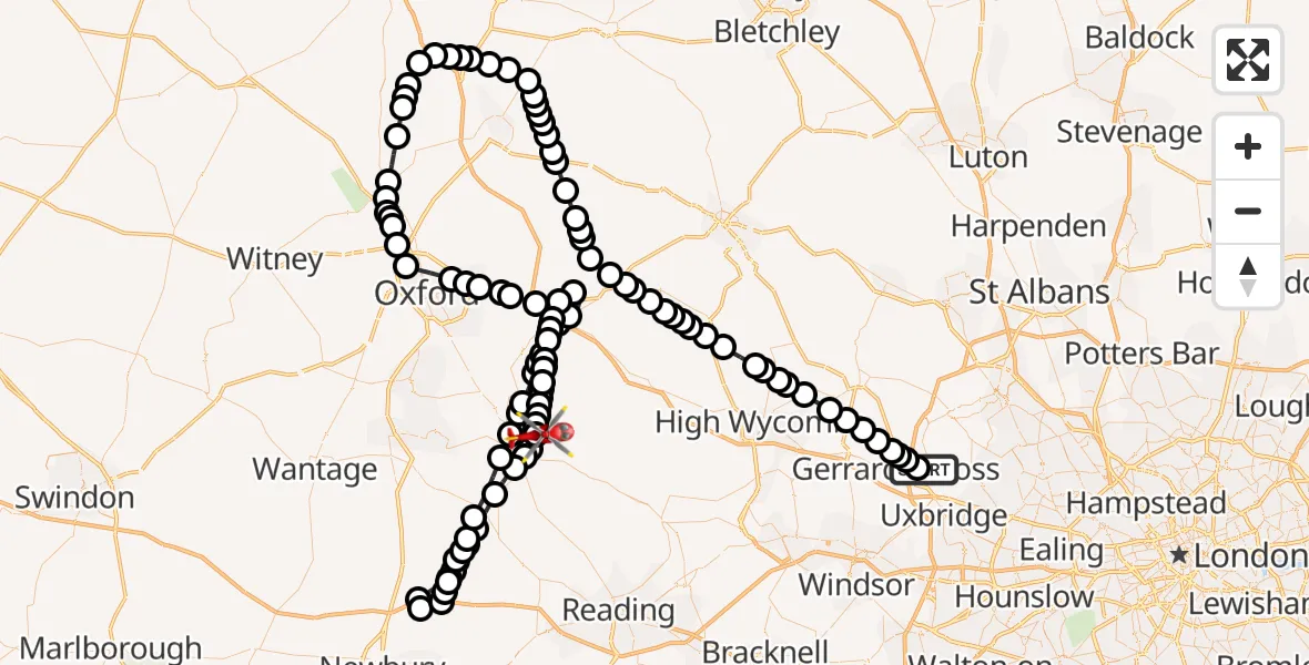 Flight path map showing Air Ambulance Helicopter route from Denham Aerodrome to RAF Benson