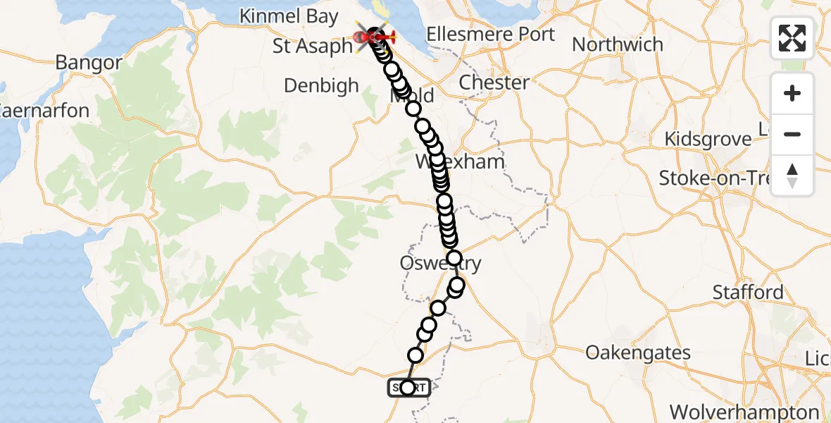 Flight path map showing Air Ambulance Helicopter route from Welshpool Airport to Pantasaph