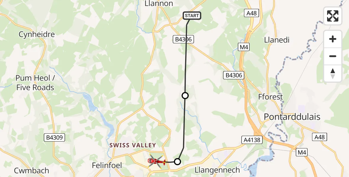 Flight path map showing Air Ambulance Helicopter route from Llannon to Dafen