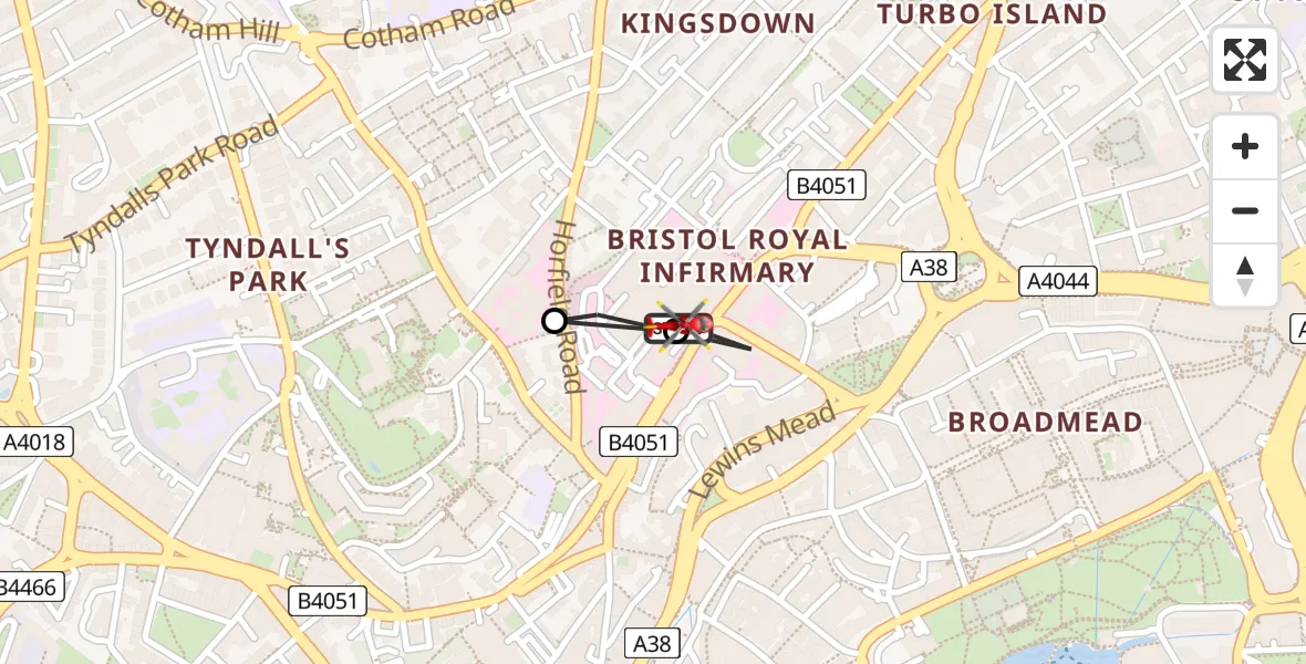 Flight path map showing Air Ambulance Helicopter route from Bristol Royal Infirmary to Bristol Royal Infirmary