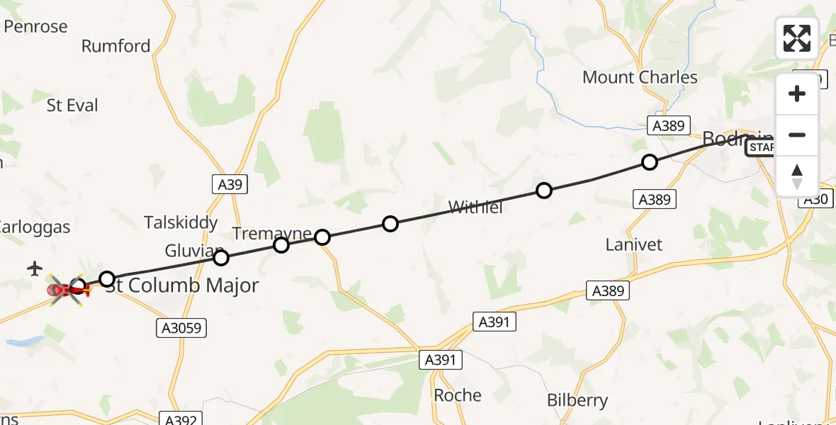 Flight path map showing Air Ambulance Helicopter route from Bodmin to Cornwall Airport Newquay
