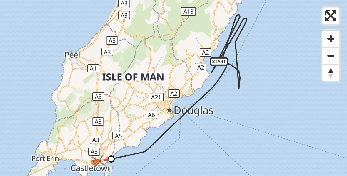 Flight path map showing Coastguard Helicopter route from Irish Sea to Isle of Man Airport