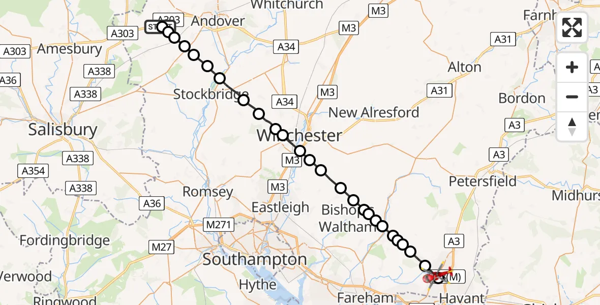Flight path map showing Air Ambulance Helicopter route from Thruxton Aerodrome to Waterlooville