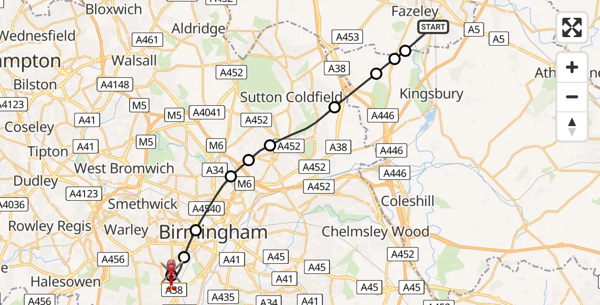 Flight path map showing Air Ambulance Helicopter route from Tamworth to Queen Elizabeth Hospital Helipad