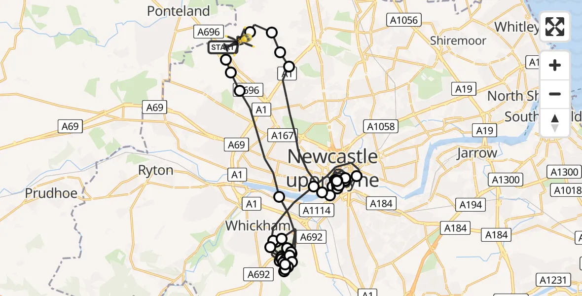 Flight path map showing Police Helicopter route from Newcastle International Airport to Newcastle International Airport