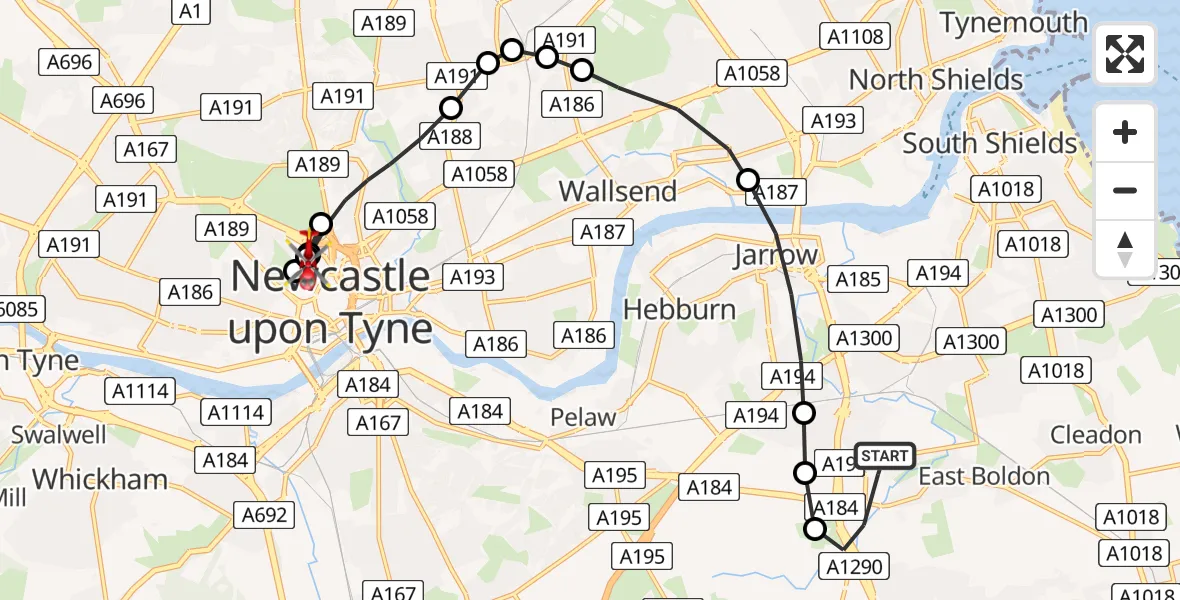 Flight path map showing Air Ambulance Helicopter route from West Boldon to Newcastle Royal Victoria Infirmary