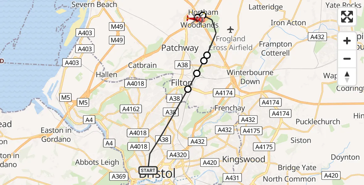 Flight path map showing Air Ambulance Helicopter route from Bristol to Almondsbury Helicopter Base