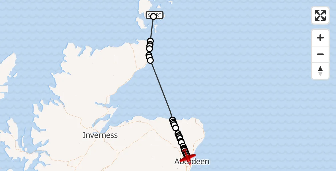 Flight path map showing Air Ambulance Aircraft route from Kirkwall to Aberdeen International Airport