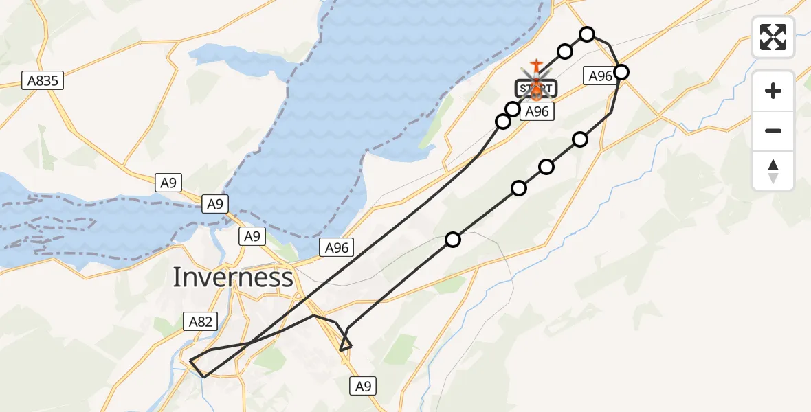 Flight path map showing Coastguard Helicopter route from Inverness Airport to Inverness Airport