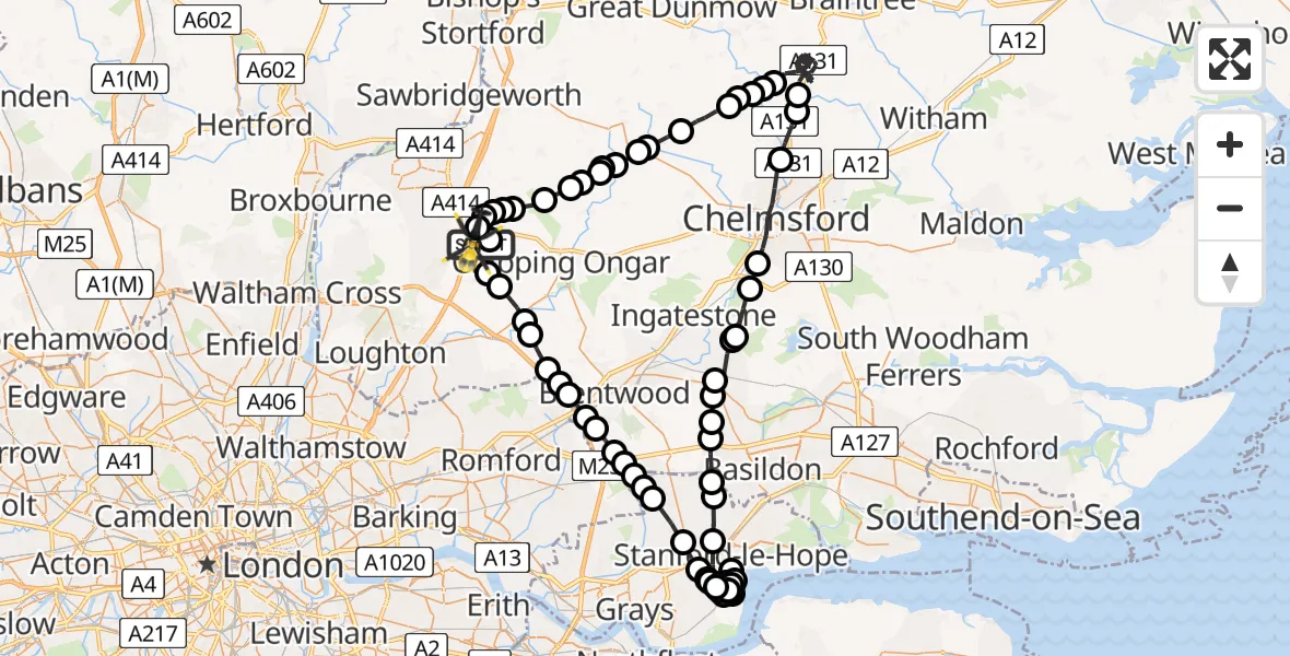 Flight path map showing Police Helicopter route from North Weald Airfield to North Weald Airfield