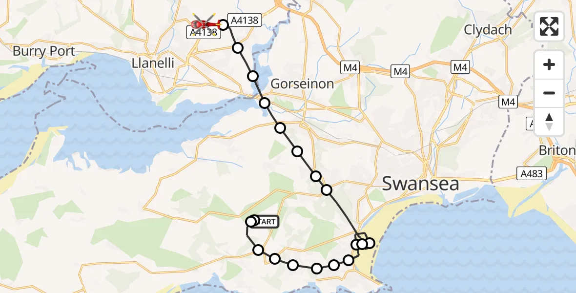 Flight path map showing Air Ambulance Helicopter route from Swansea Airport to Dafen