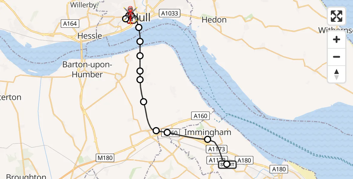 Flight path map showing Air Ambulance Helicopter route from Grimsby to Hull Royal Infirmary