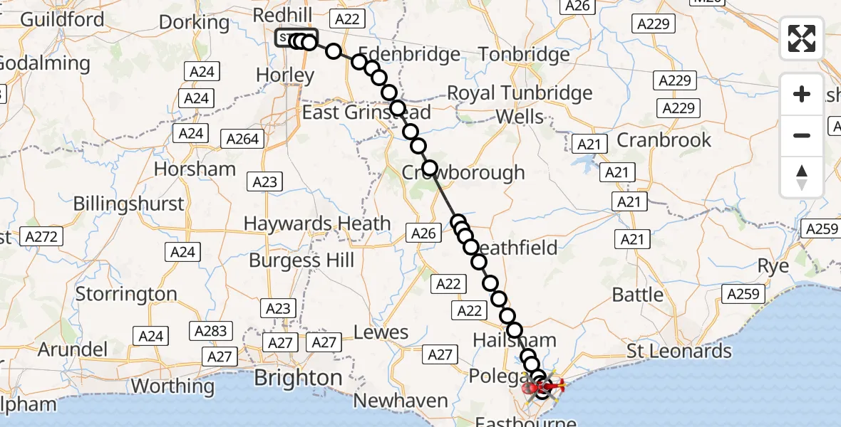 Flight path map showing Air Ambulance Helicopter route from Redhill Aerodrome to Eastbourne