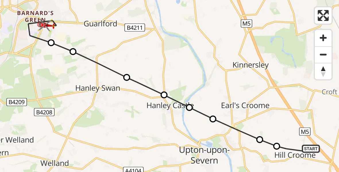 Flight path map showing Air Ambulance Helicopter route from Hill Croome to Malvern