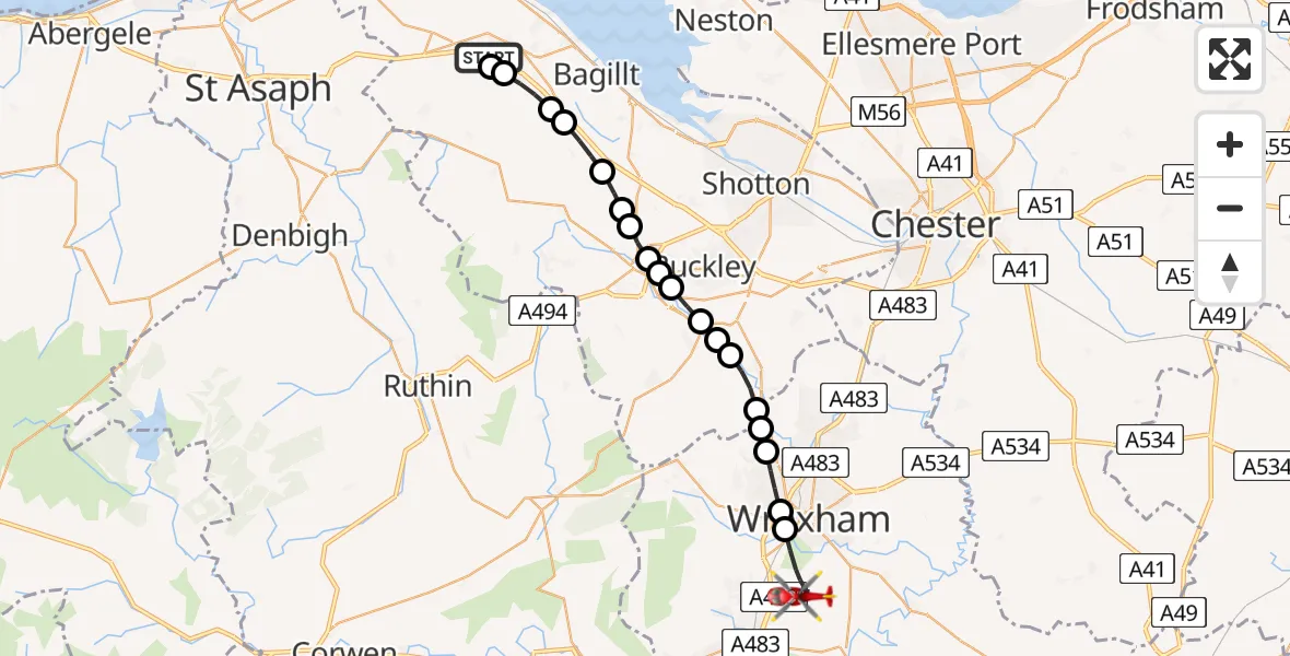 Flight path map showing Air Ambulance Helicopter route from Pantasaph to Wrexham