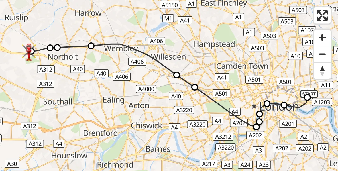 Flight path map showing Air Ambulance Helicopter route from Royal London Hospital to RAF Northolt