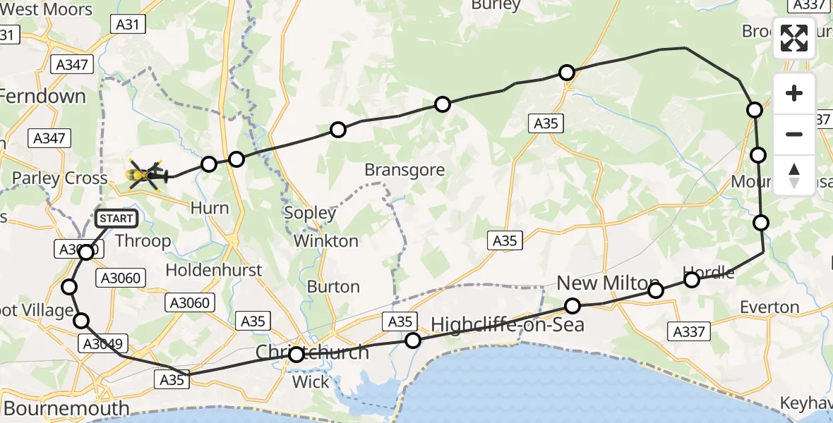 Flight path map showing Police Helicopter route from Hurn to Bournemouth Airport