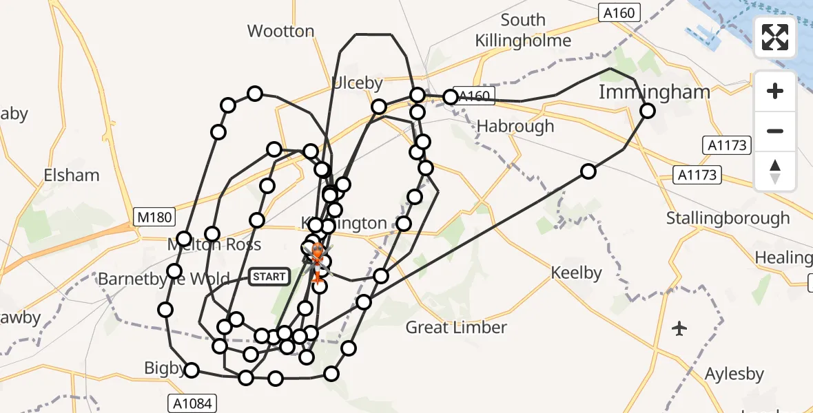 Flight path map showing Coastguard Helicopter route from Barnetby le Wold to Humberside Airport