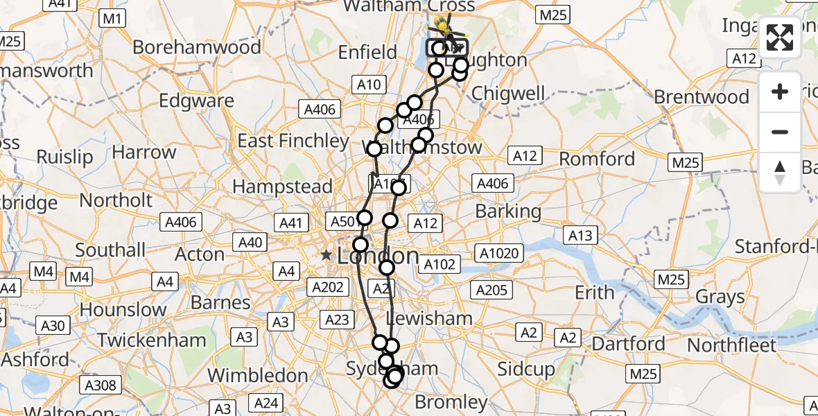 Flight path map showing Police Helicopter route from Metropolitan Police Air Support Unit Lippitts Hill to Epping Forest