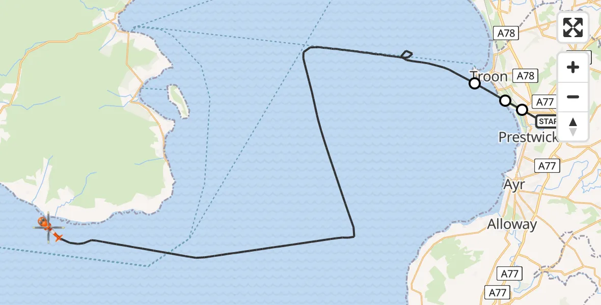 Flight path map showing Coastguard Helicopter route from Glasgow Prestwick Airport to Inner Seas