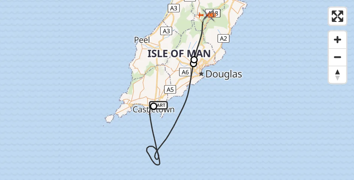 Flight path map showing Coastguard Helicopter route from Isle of Man Airport to Irish Sea